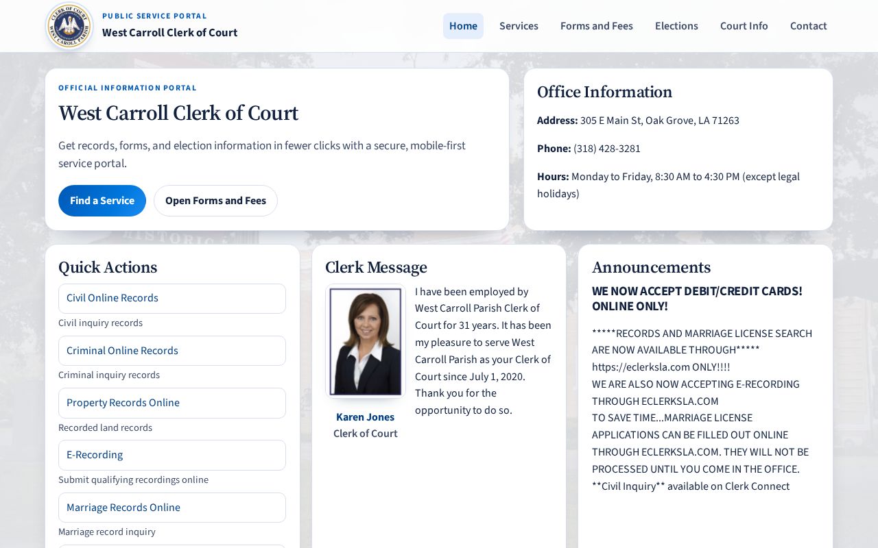 West Carroll Parish warrant records: Clerk of Court office address and counter hours
