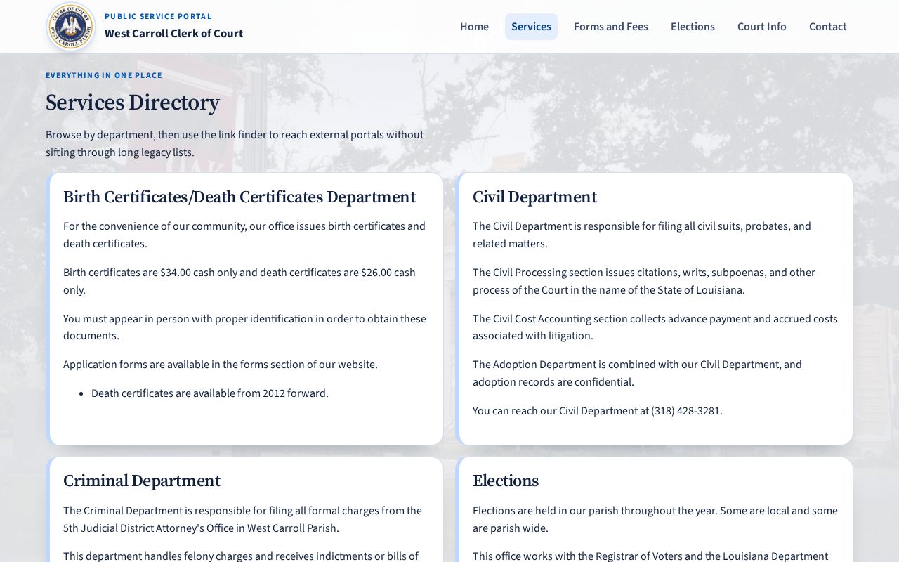 West Carroll Parish warrant records: Clerk of Court criminal, juvenile, and traffic services
