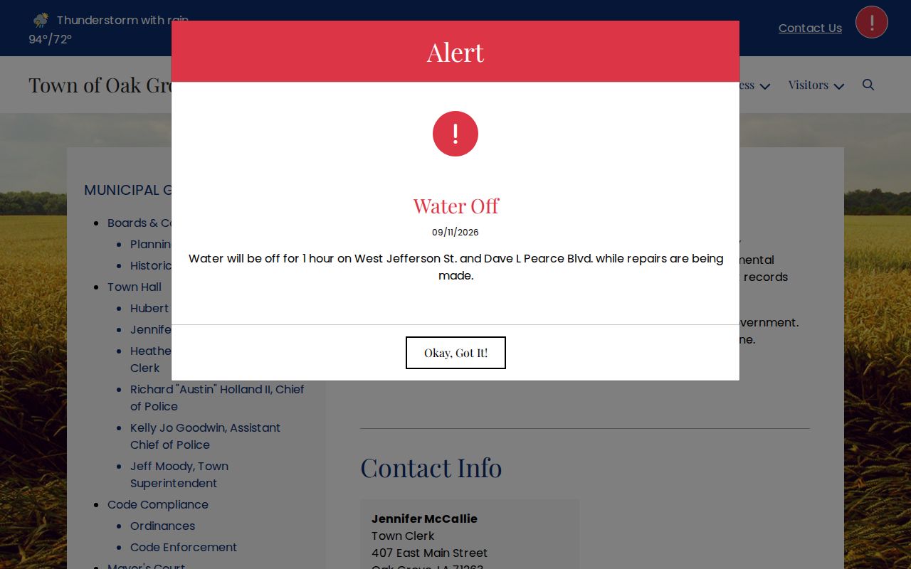 Oak Grove warrant records: town open records contact and request form link