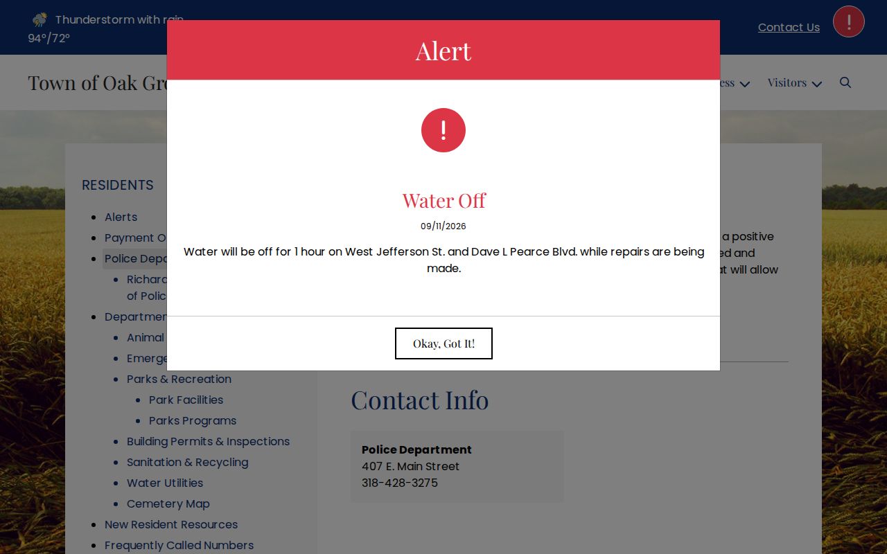 Oak Grove warrant records: Oak Grove Police Department contact page