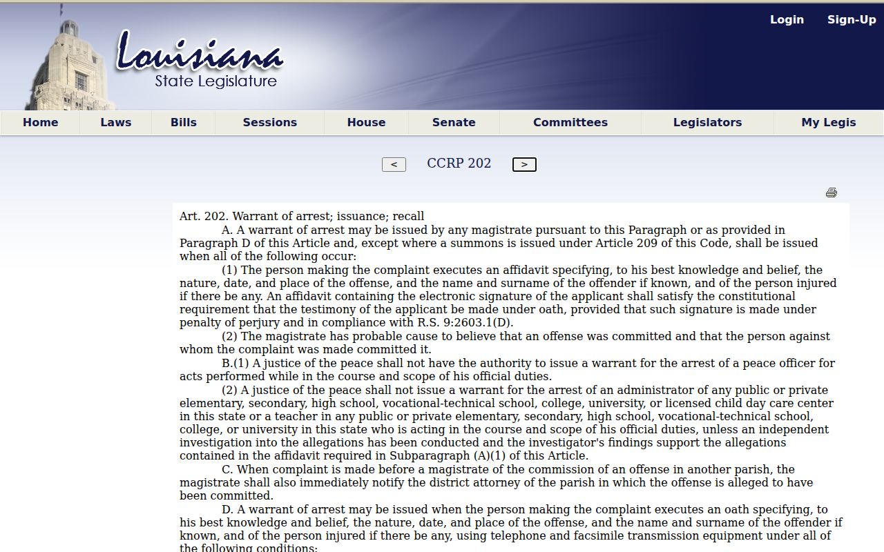 West Carroll Parish warrant records: Code of Criminal Procedure article 202 on affidavit and probable cause