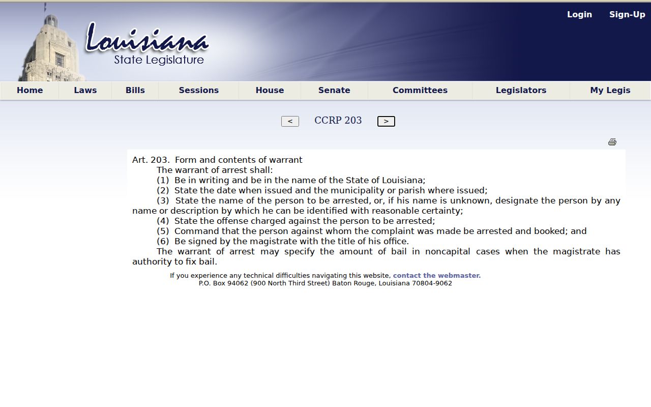 West Carroll Parish warrant records: article 203 required arrest warrant contents